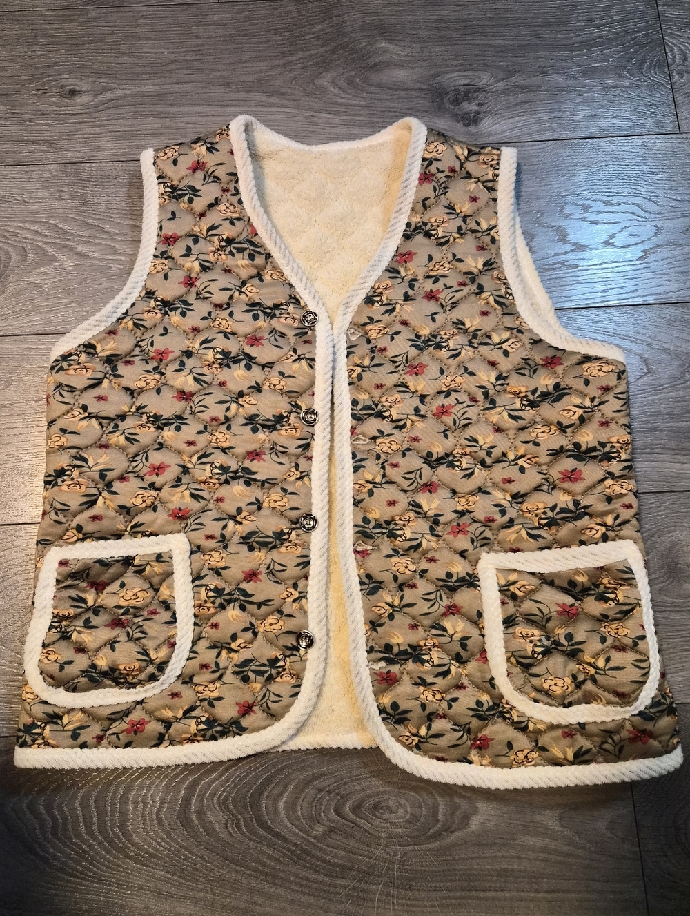 Quilted Floral Cozy Vest in Cream with Red & Green Accents - Korean kimjang vest